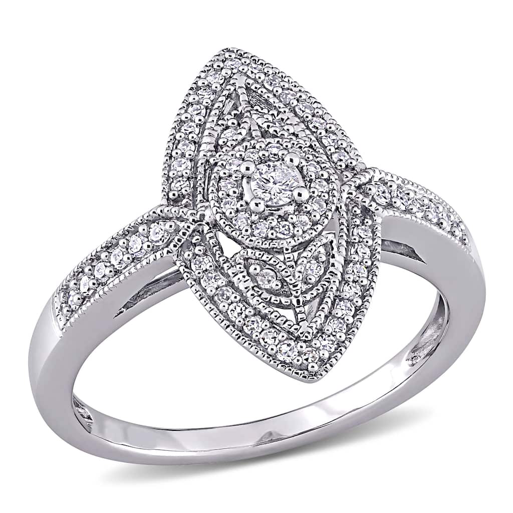 Miadora 1/4ct TDW Diamond Vintage Marquise Shaped Halo Ring in Sterling Silver