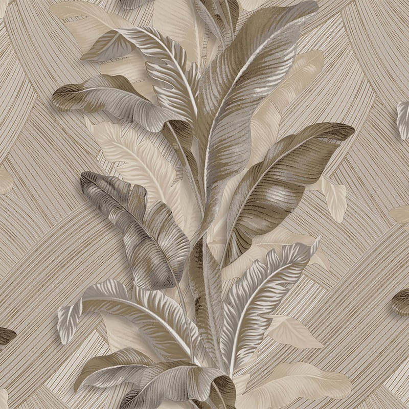 Galerie Wallcoverings Stratum Collection Palma Leaf Vinyl on Non-woven Metallic Wallpaper Roll Double Width - 33-feet long x 42-inches wide - Brown/Grey/Gold