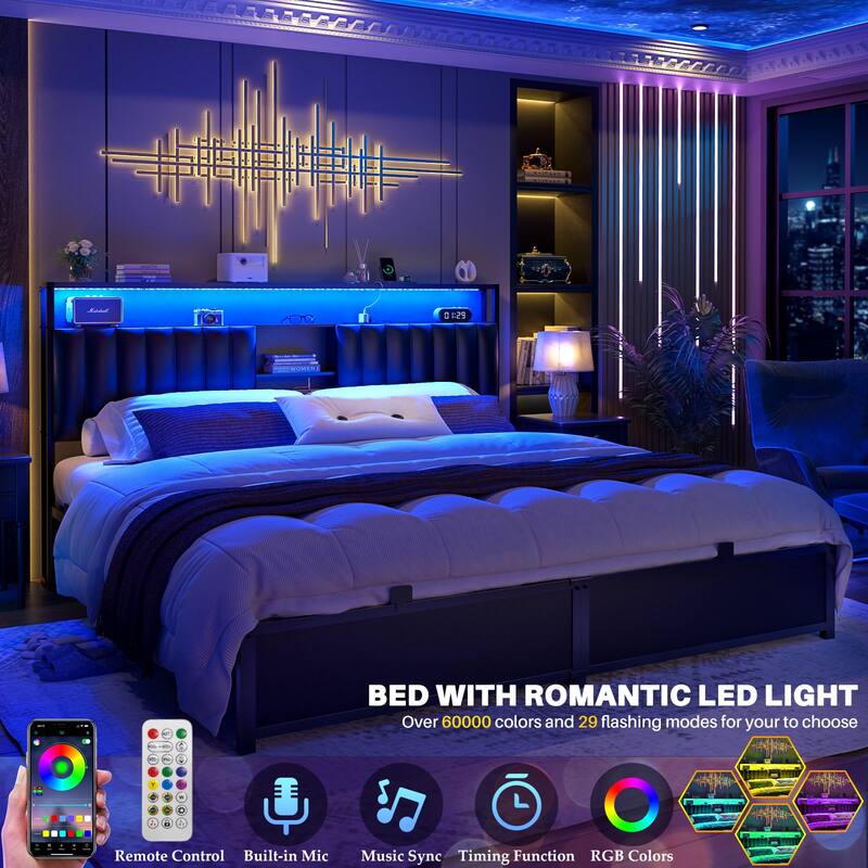 Upholstered Bed Frame with Storage Shelving, Platform Beds with Charge Station and LED Lights