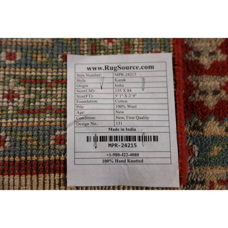 Geometric Kazak Indian Foyer Rug Hand-Knotted Wool Carpet - 2'9"x 5'1"