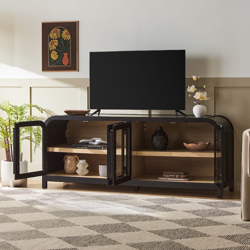 Walker Edison Modern Curved Easy Assembly TV Stand with Glass Paneled Doors