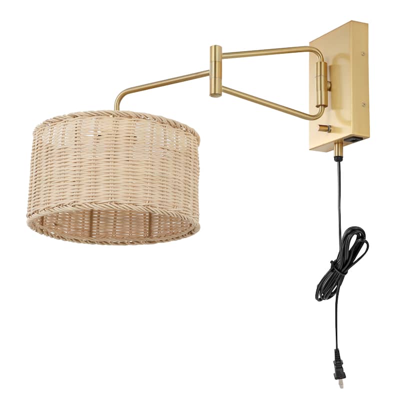 SAFAVIEH Lighting Bramley Wall Sconce (Set of 2) - Brass/Natural Rattan - 10"W x 21"D x 12"H
