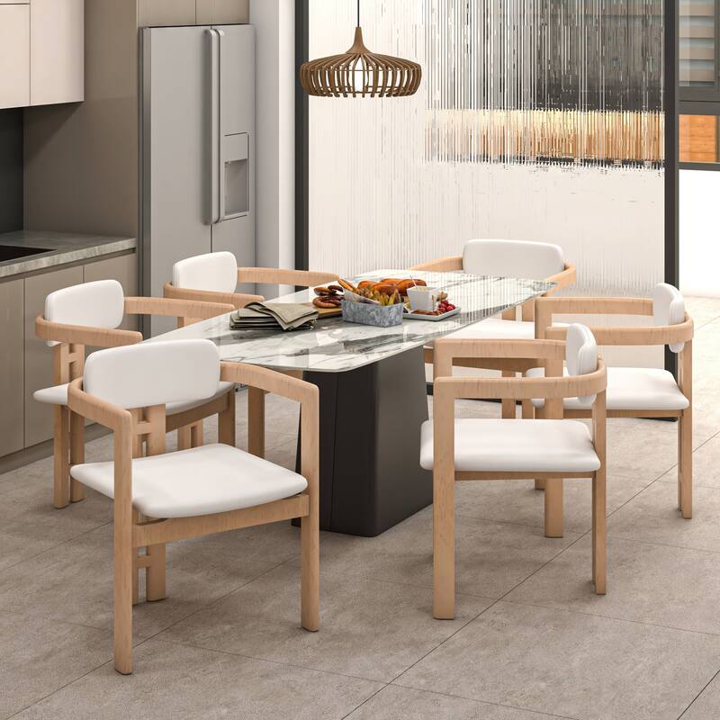 Dining Chairs Upholstered Leather Seats in Rubberwood Set of 2 Arm Chairs Open Back Design