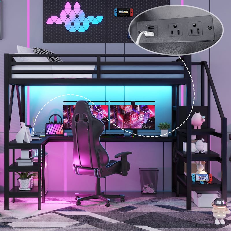 Metal Full Loft Bed with Wardrobe and LED Light, Full Size Loft Bed with L Shaped Desk and USB for Kids Teens Adults
