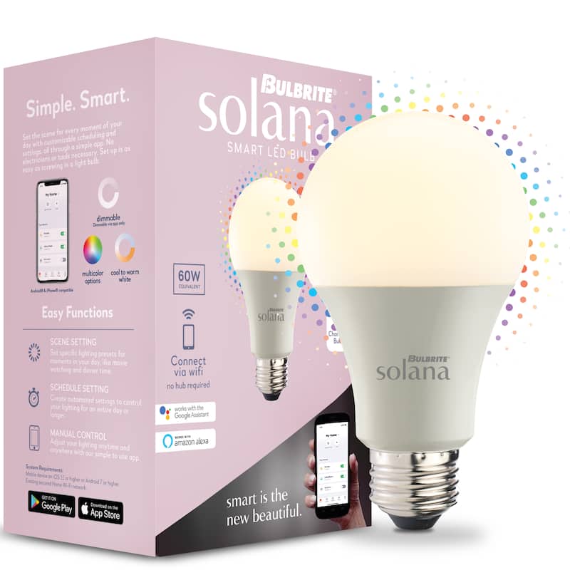 Bulbrite Solana Smart LED A19 60W Equivalent Color Changing WIFI Light Bulb, Frost, 2PK - 2200K-6500K / Multi-Color