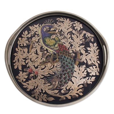 Handmade Mystic Peacock In Silver Reverse-Painted Glass Tray (Peru) - 2.4" H x 17.75" Diam.