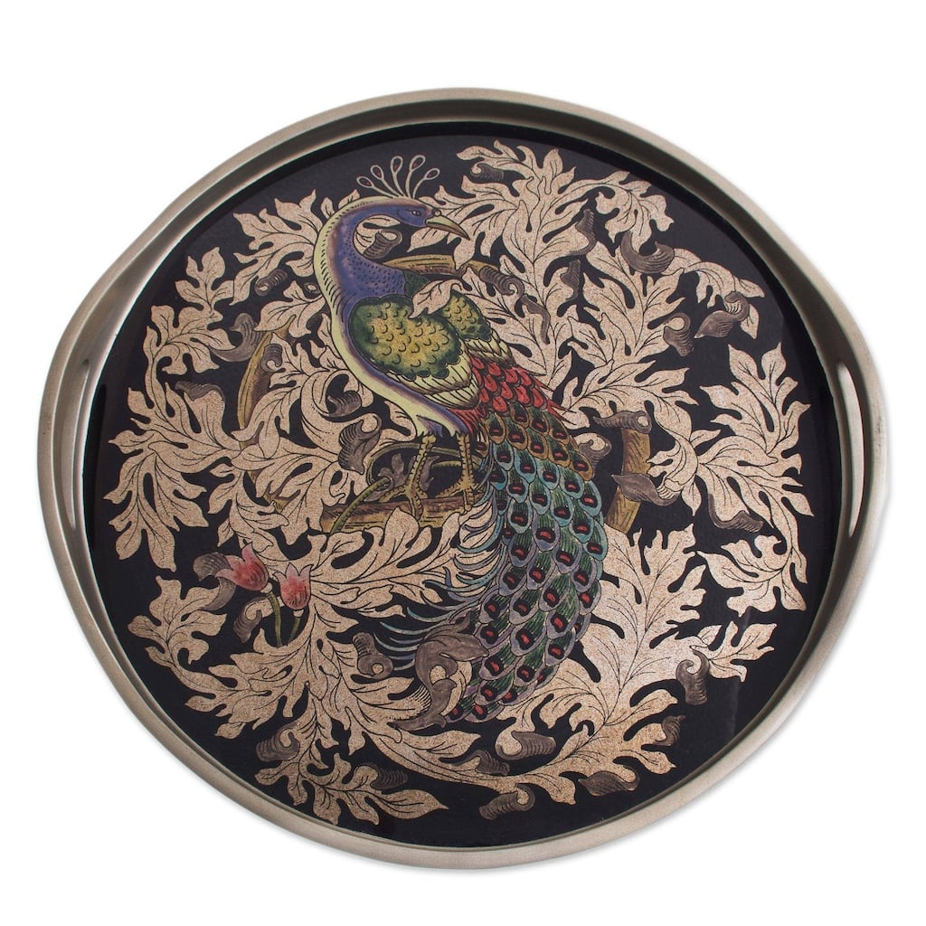 Handmade Mystic Peacock In Silver Reverse-Painted Glass Tray (Peru) - 2.4" H x 17.75" Diam.