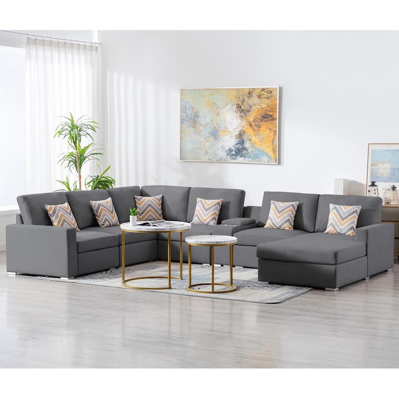 Linen Fabric 7 Piece Reversible Chaise Sectional Sofa with Storage Console Table and 6 Pillows