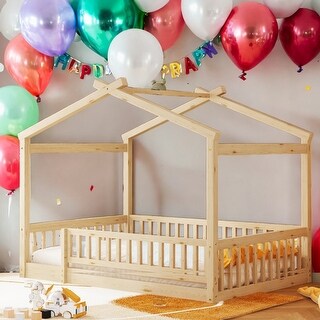 Kids and Baby Full Size Wood Bed House Bed Frame With Fence