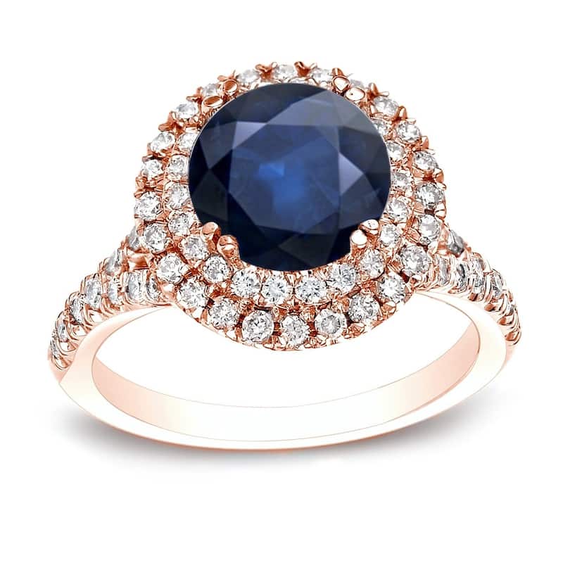 Auriya 14k Gold 1ct Blue Sapphire Double Halo Diamond Engagement Ring 3/5ct TDW - Rose - 4