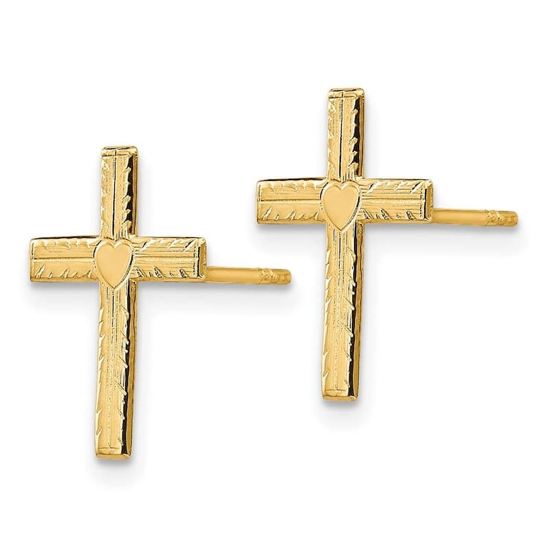Curata 14k Yellow Gold Textured Heart Cross Earrings (10mm x 13mm)