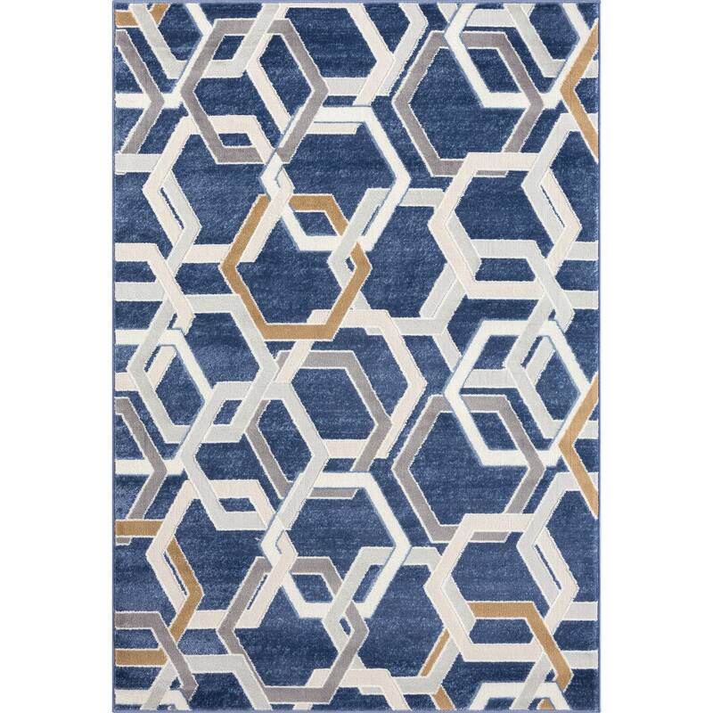 Abani Atlas Collection ATL140B Multi Hexagon Blue Grey Area Rug