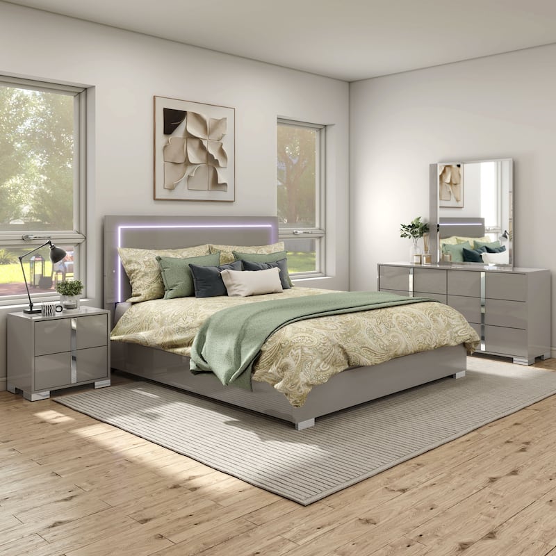 Furniture of America Erina Modern Glossy 4-Piece Panel Bedroom Set - Light Taupe - King