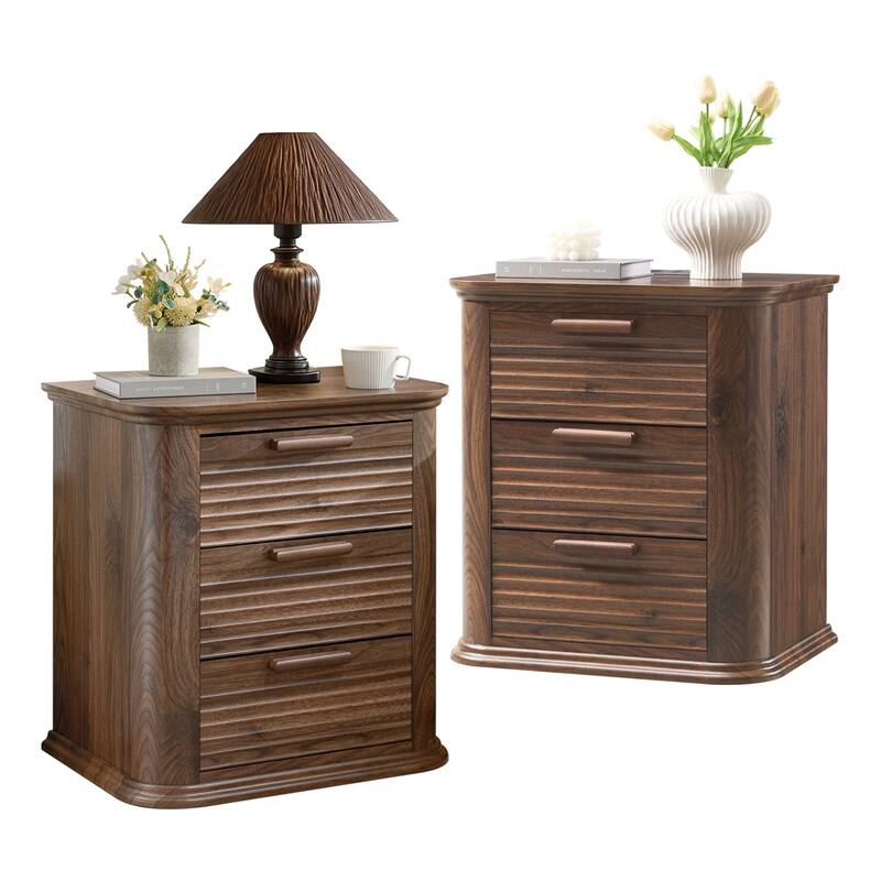 22" Wide Fluted Nightstand with Charging Station, Modern End Table, Wood 3 Drawer Dresser, Large Bedside Tables