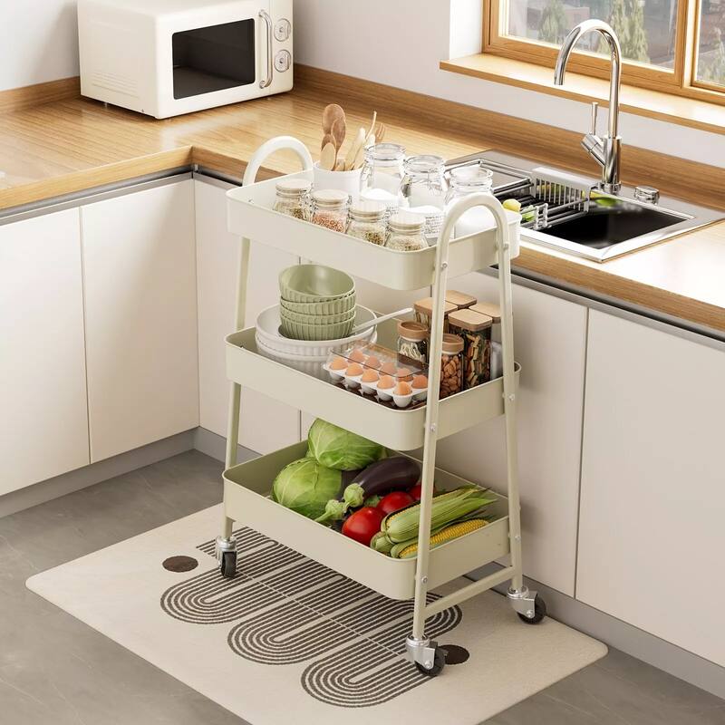 3-Tier Metal Rolling Utility Cart Multifunctional Organizer with Handle and Lockable Wheels - 17.4"D x 12.04"W x 31.02"H - White