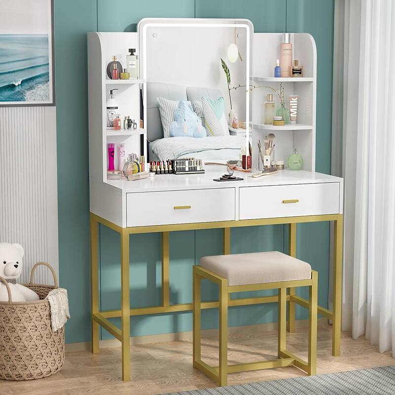 Makeup Vanity Dressing Table with LED Lights, Storage Shelves, Cushioned Stool & 2 Drawers
