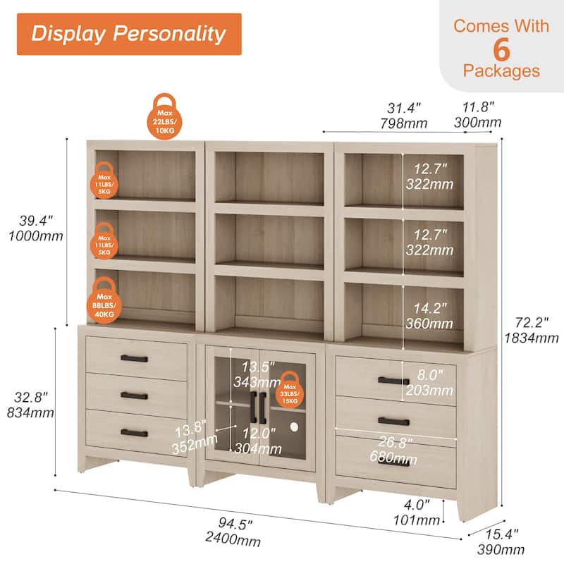 WAMPAT 74" Tall Bookshelf with Glass Doors and Drawers, 3-Tier Farmhouse Storage Cabinet