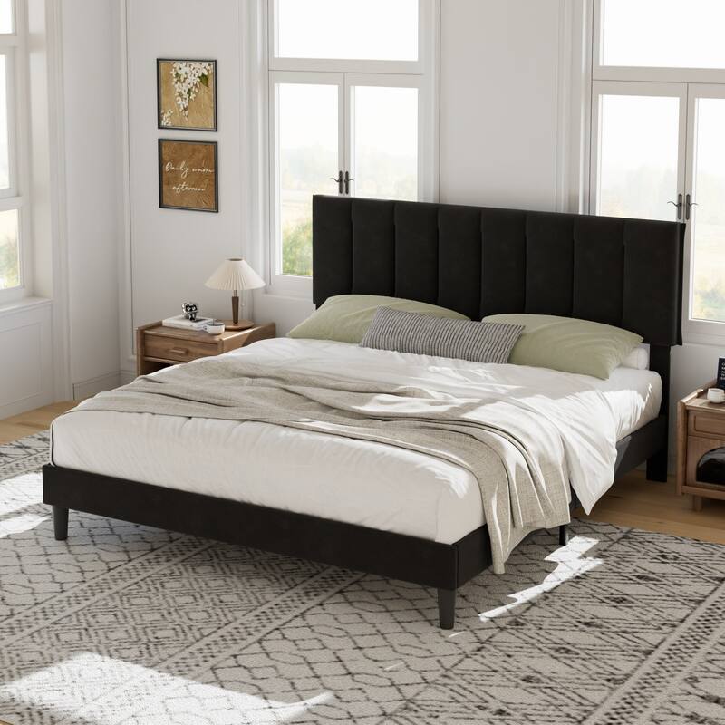 VECELO Tufted Upholstered Platform Bed Frame with Adjustable Height Headboard Twin/Full/Queen Size Beds