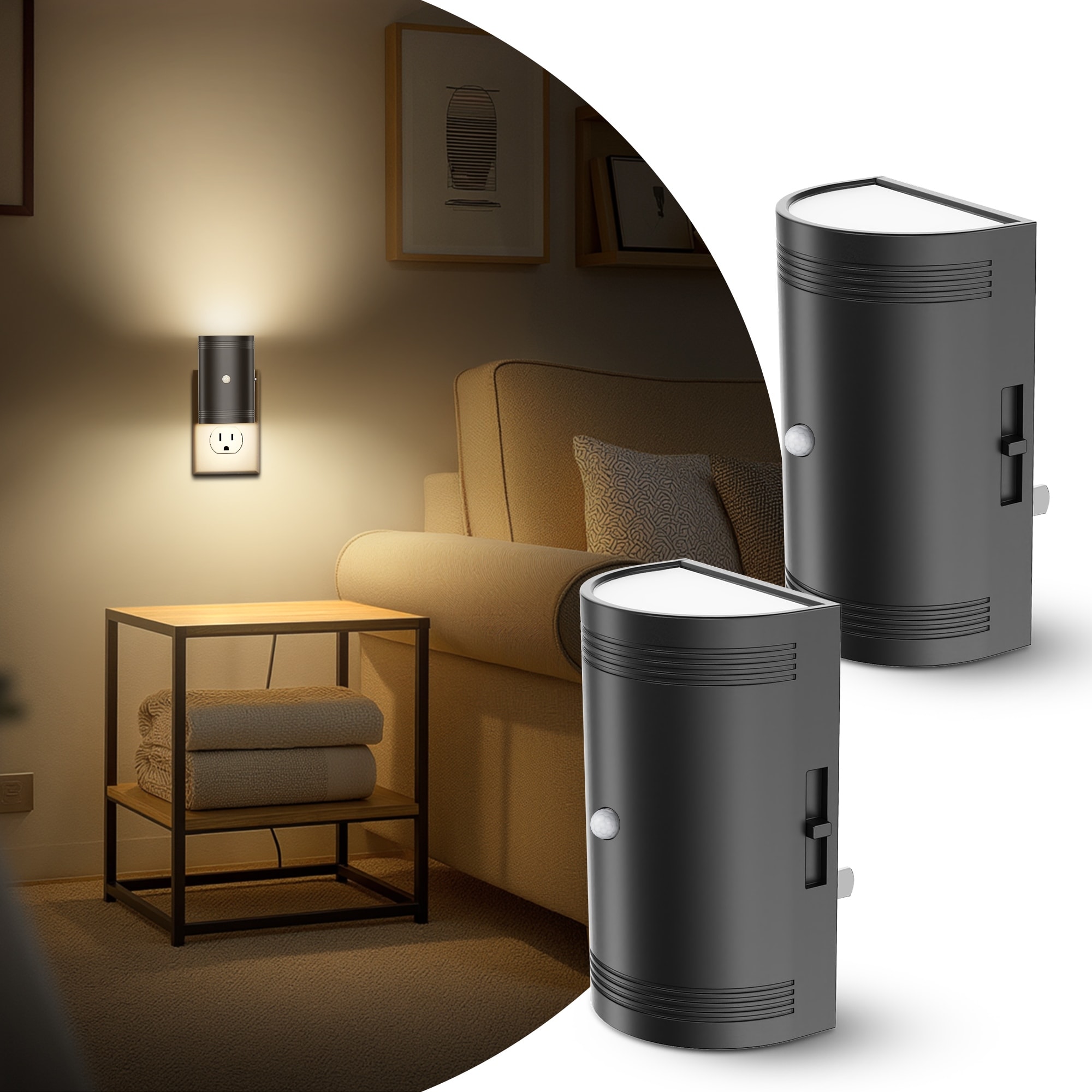 YANSUN Set of 2 Plug-in Motion Sensor Night Lights, Black Half-Moon Wall Lamps, 3000K Warm Light, Sliding Dimmer, ON-OFF-AUTO
