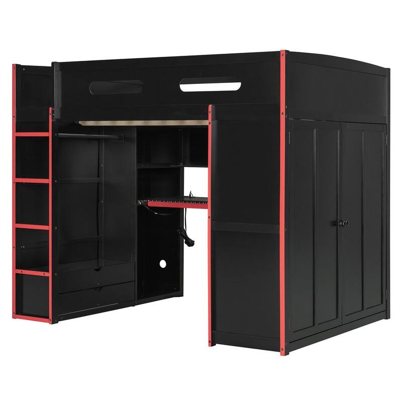Full Size Gaming Loft Bed with Bulit-in Desk and Wardrobe, Wooden Loft Bedframe with RGB LED Light and Storage Drawers
