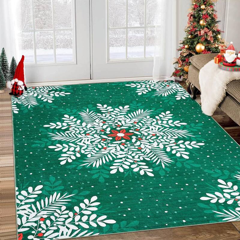 Christmas Snowflake Washable Area Rug, Floor Carpet for Holiday Decor, Green - 3*5ft