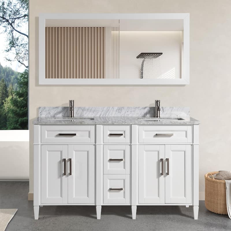Vanity Art 60 in. Modern Double Sink Bathroom Vanity with Top and Mirror - White