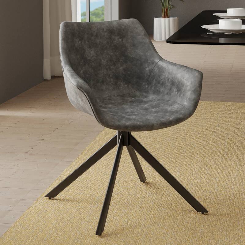 Markley Leather Swivel Dining Armchair with Black Iron Base - Accent Dining Chair for Kitchen and Dining Room Set of 4