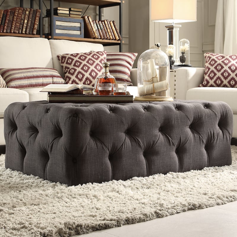 Knightsbridge Rectangular Tufted Ottoman with Casters by iNSPIRE Q Artisan - Charcoal Linen
