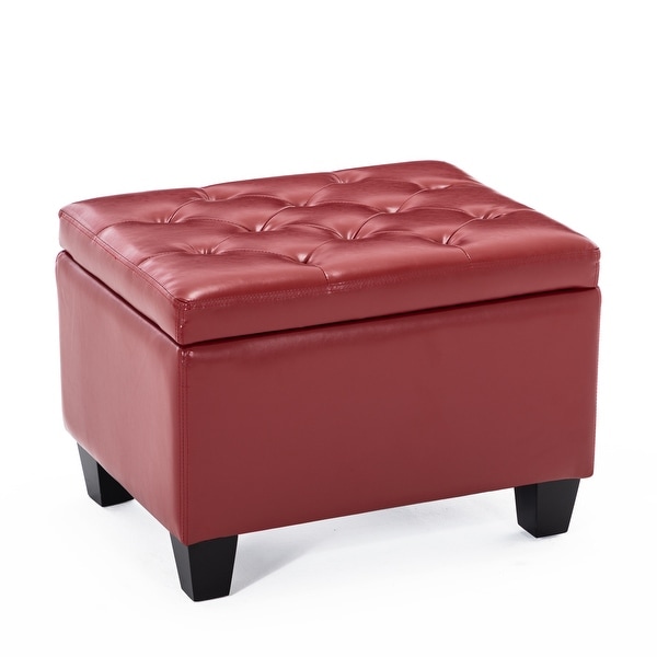BELLEZE Tufted Ottoman Faux Leather Upholstered Storage Rectangle Foot Rest Stool, Red