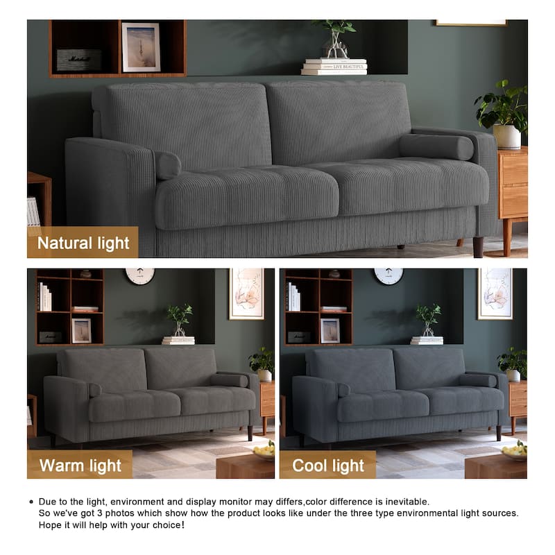 Modern Corduroy Upholstered 2 Seater Sofa with Bolster Pillows