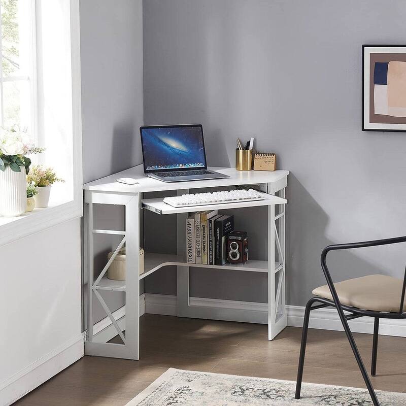 Triangle Wooden Corner Computer Desk with Storage Shelves and Keyboard Tray