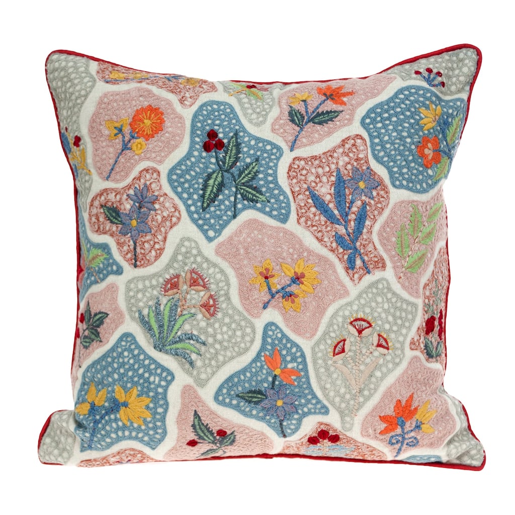 Hand Embroidered Floral Square Throw Pillow - 18" - Multicolor