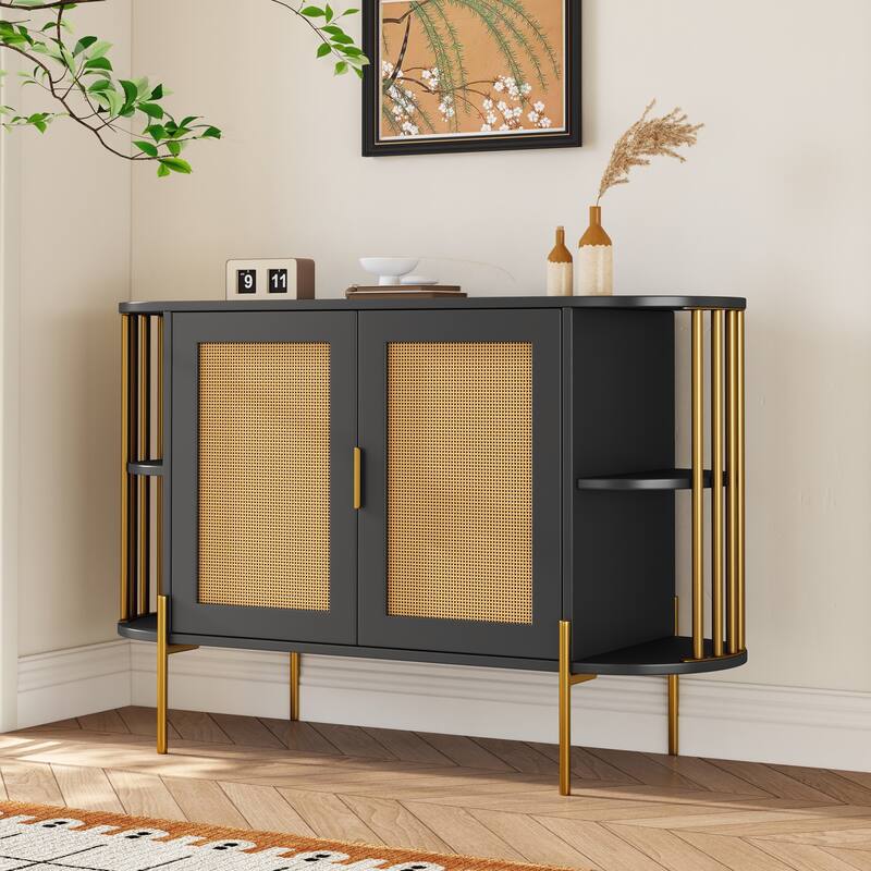Curved Black Sideboard with Woven Rattan Doors and Open Storage