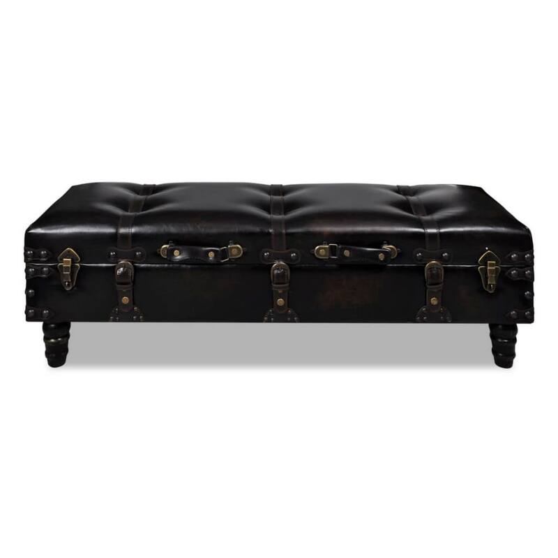 Storage Bench Ottoman, Solid Wood, Black Tufted Faux Leather, 44 Inch