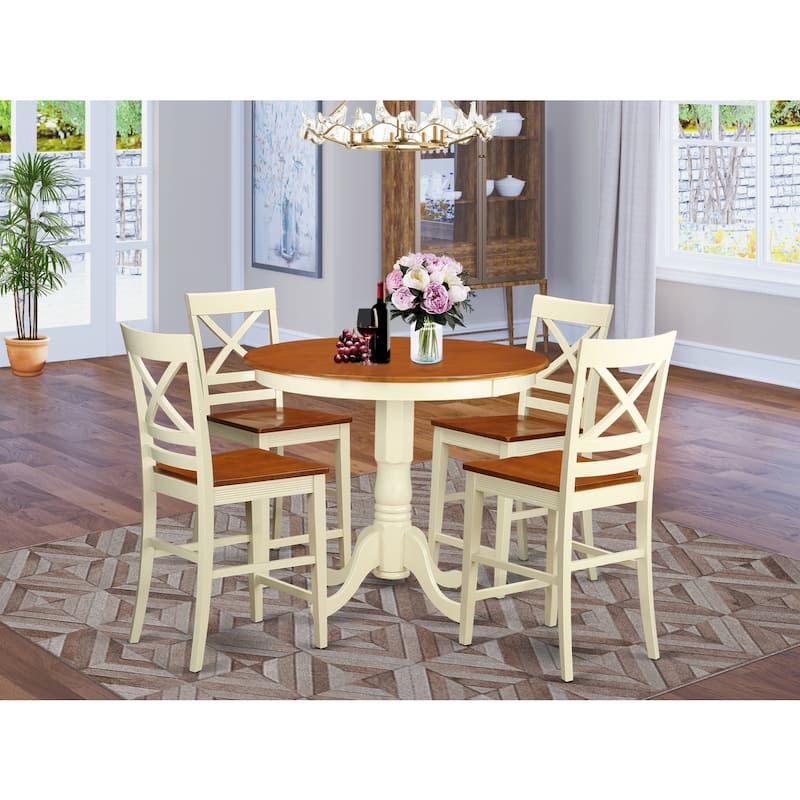 Counter Height Dining Set 5 Piece - Round Pedestal Table & 4 Chairs - Buttermilk & Cherry Finish