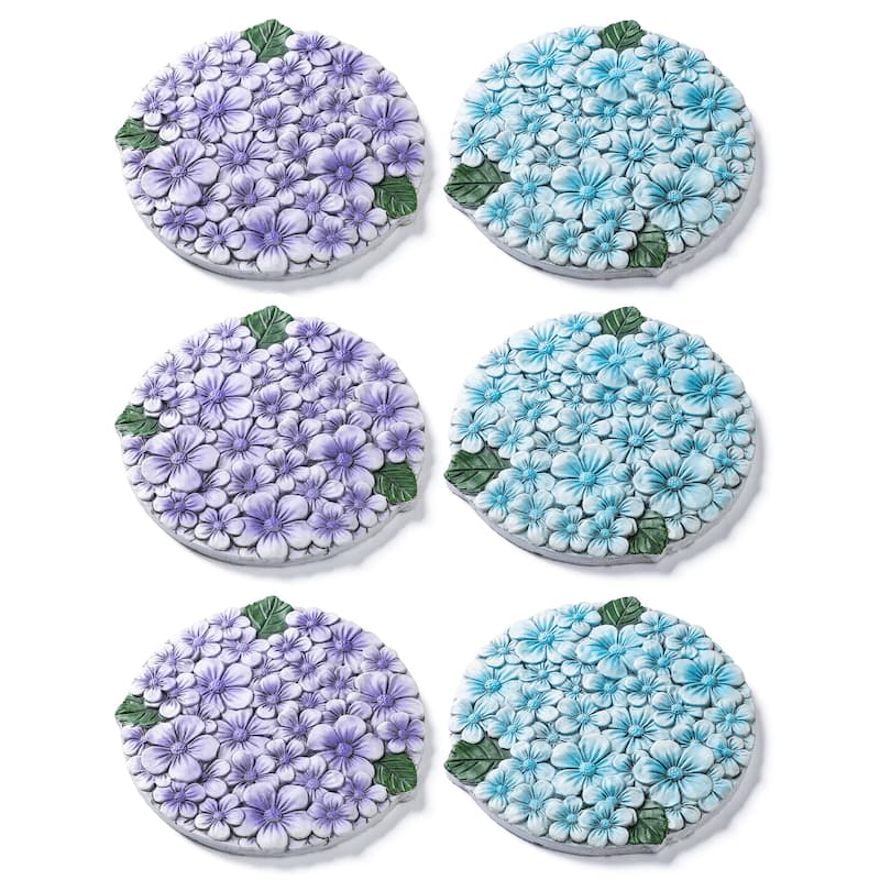 Glitzhome 6-Piece Cement Blue and Purple Hydrangea Textured Stepping Stones - 10 in