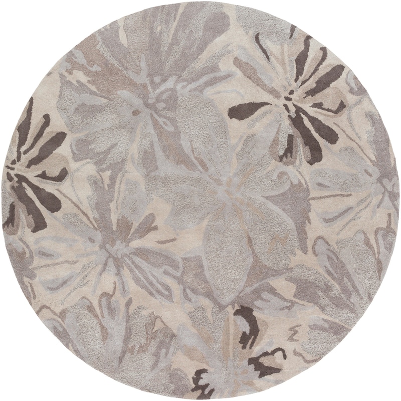 Handmade Putty Transitional Floral Wool Area Rug - Grey - 4' Round/Surplus