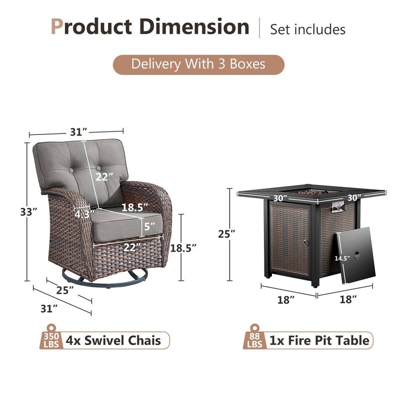 Pocassy Outdoor 30 In Fire Table with Swivel Chair Set