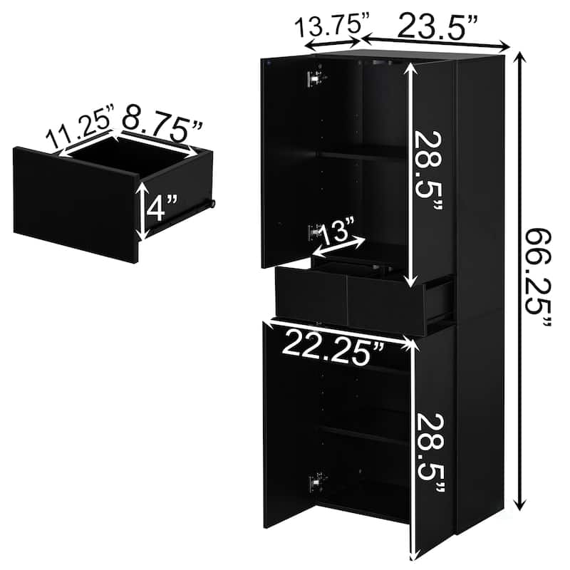 66" Kitchen Pantry Cabinet with 4 Doors, 3 Adjustable Shelves, 2 Cabinets with 1 Drawer – Elegant Freestanding Farmhouse Storage