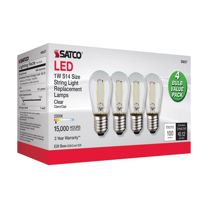 S14 LED String Light Replacement Bulb 2200K 120 Volt Replacement 4-pack - Clear