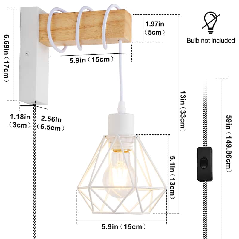 Modern Plug in Wire Wood Cage Black Wall Lamp- Industrial Rustic Retro Pendant Lamp With Adjustable Hanging Wall Lights Fixture