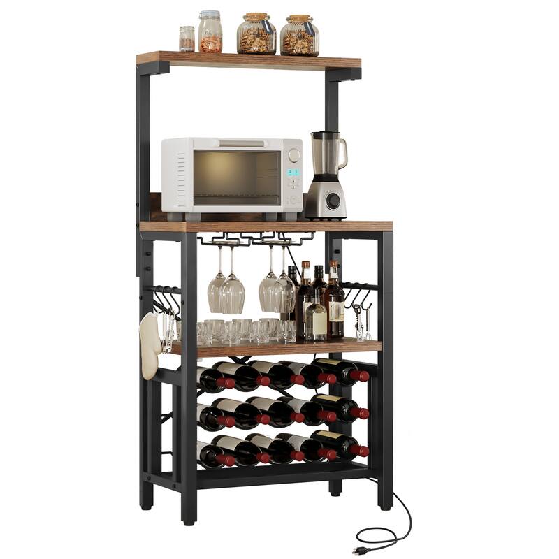 Moasis Kitchen Microwave Bakers Stand with Wine Rack - Brown