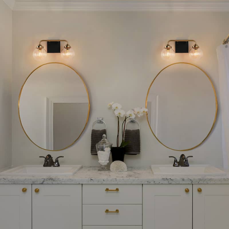 Modern 2-Light Black Gold Bathroom Vanity Light Ribbed Glass Wall Sconce