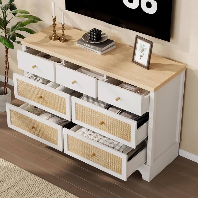 47.3" Wide Rattan 7 Drawer Dresser Storage Organizer for Bedroom