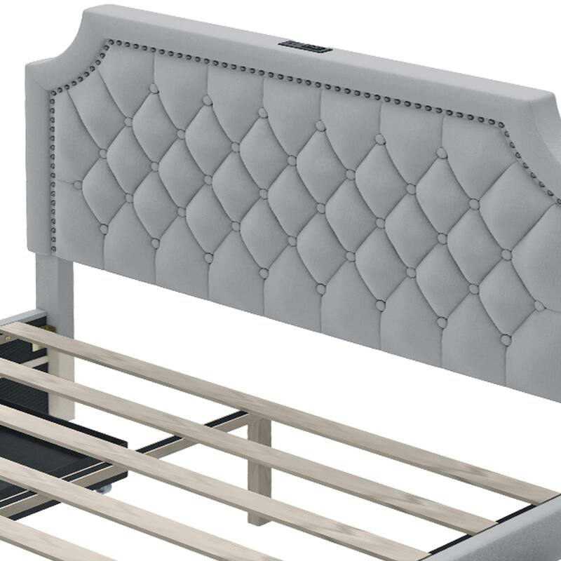 Moasis Velvet/Linen Upholstered Bedframe with Adjustable Headboard and 4 Storage Drawers