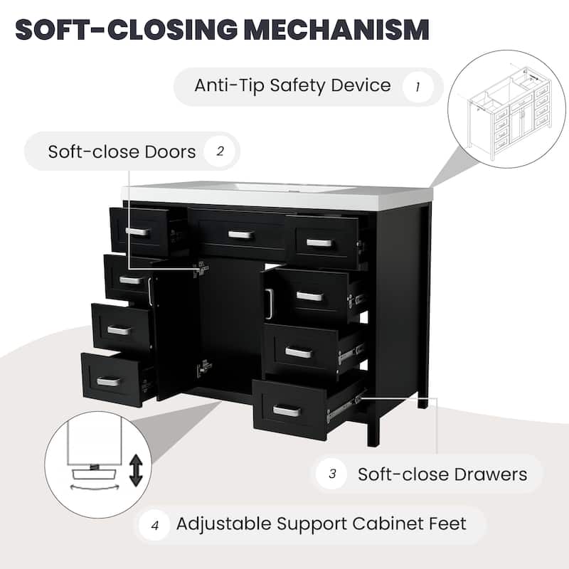 48" Freestanding Bathroom Vanity with Sink, 2 Doors, 8 Soft-Close Drawers, Resin Top and Storage Cabinet