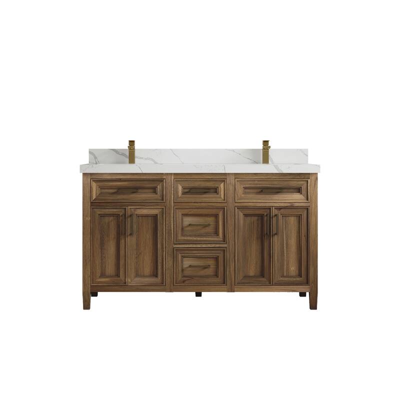 Willow Collections 60 in. W x 22 in. D Santa Monica Teak Double Sink Bathroom Vanity with Countertop - 2" Calacatta Laza - Gray Washed Teak