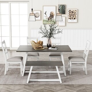 6-Piece Wood Dining Table Set 4 Upholstered Dining Chairs and Bench ...