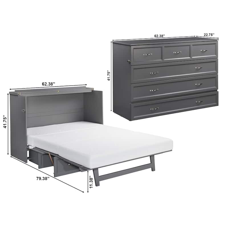 Deerfield Queen Murphy Bed Chest with 6" Mattress, Storage Drawer & Built-In Charger in Grey
