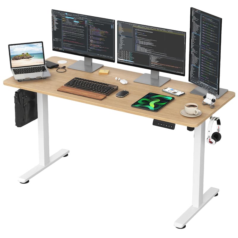 Electric Standing Desk Adjustable Height Sit Stand Home Office Desk With Splice Board - Natural
